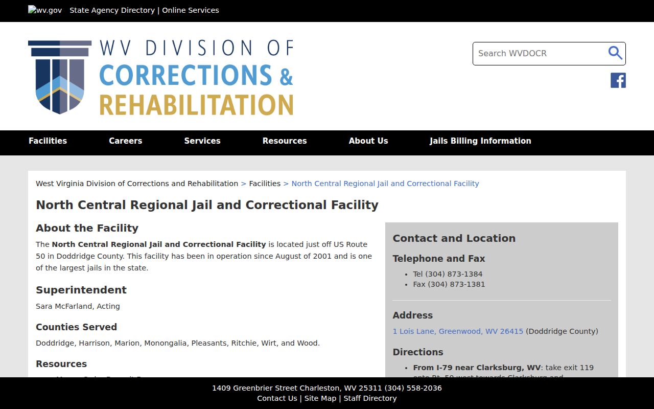 North Central Regional Jail facility page for Doddridge County arrest records