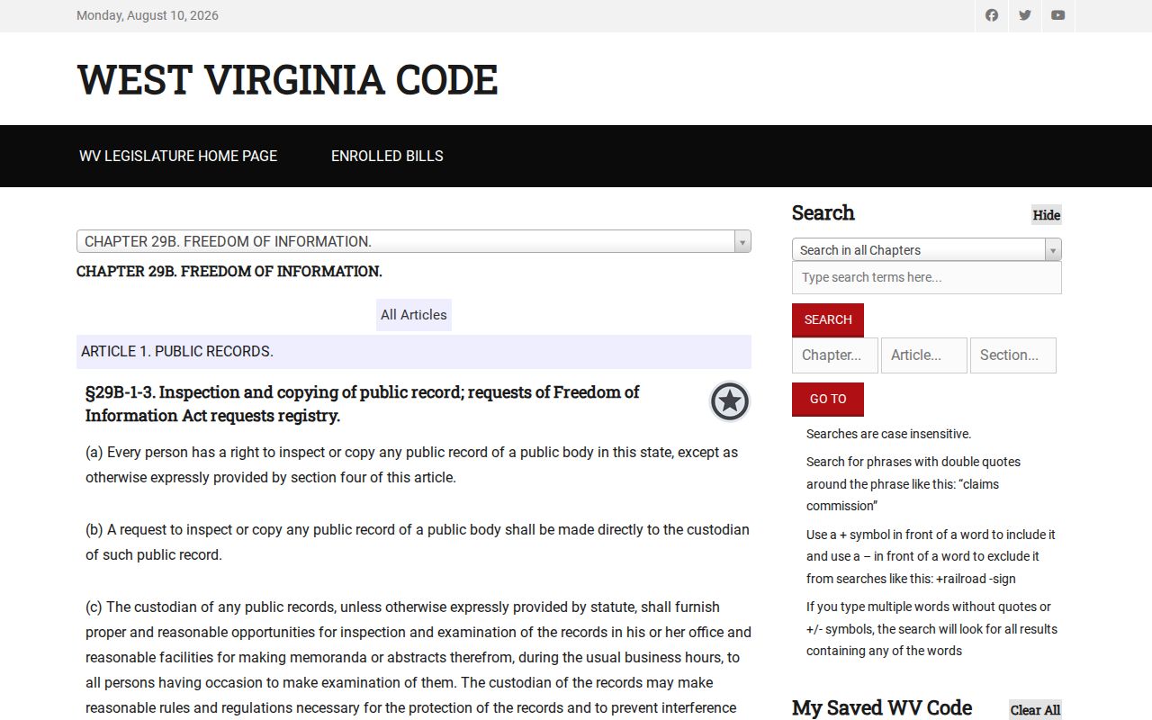 West Virginia FOIA request right for Doddridge County arrest records